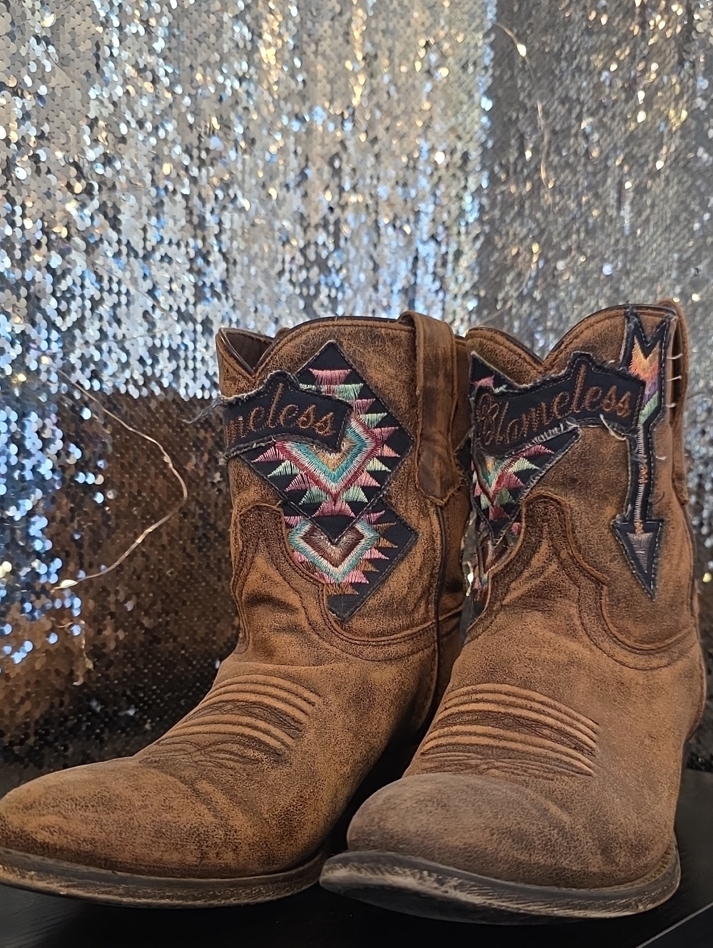 Laredo Brown Distressed Western Ankle Boots with Multicolor Embroidery